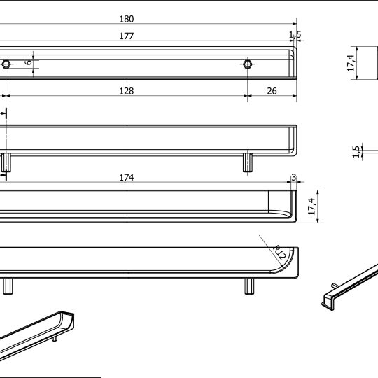 Infreesgreep achter 15x128x180mm mat wit