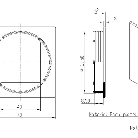 Vierkante infreesgreep 70x70X10mm gl.chroom